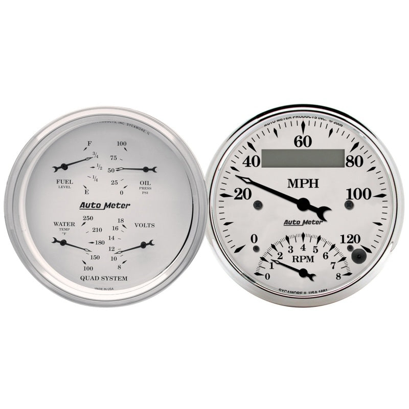 AutoMeter Gauge Kit 2 Pc. Quad & Tach/Speedo 3-3/8in. Old Tyme White 1620 1620 Photo - Primary