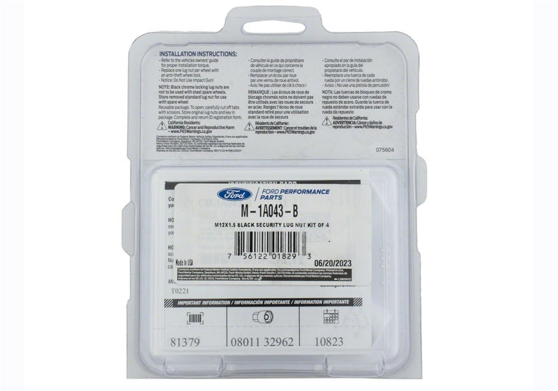 Ford Racing M12 x 1.5 Black Security Lug Nut Kit - Set of 4 M-1A043-B M-1A043-B Photo - Unmounted