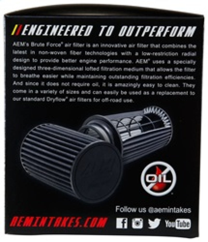 AEM Induction AEM Brute Force Dryflow Air Filter - Conical 6in Base OD / 5.125in Top OD / 5.25in Height 21-205BF 21-205BF Photo - in package