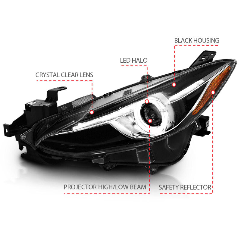 Anzo Projector Headlights With Halo Black w/Amber 14-17 Mazda 3 121522 Photo - out of package