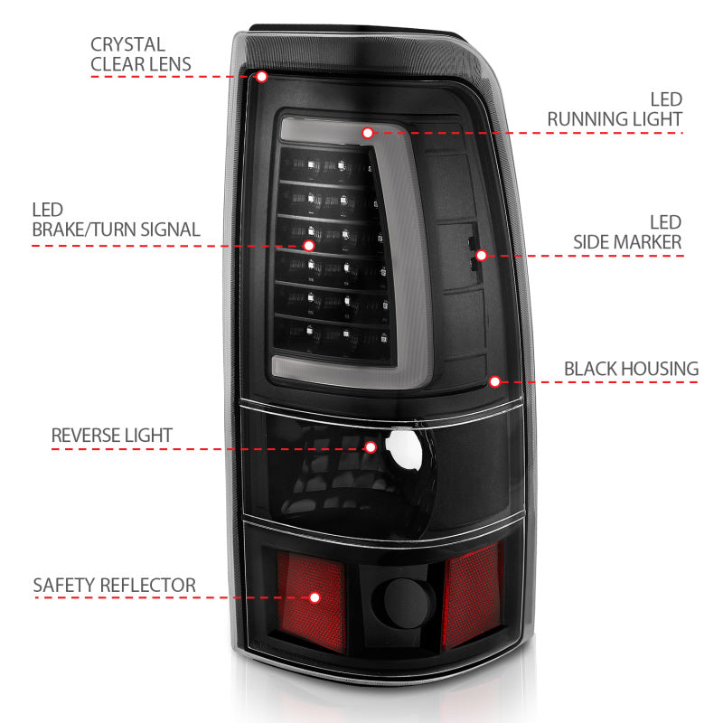 ANZO 1999-2002 Chevy Silverado 1500 LED Taillights Plank Style Black w/Clear Lens 311330 311330 Photo - Unmounted