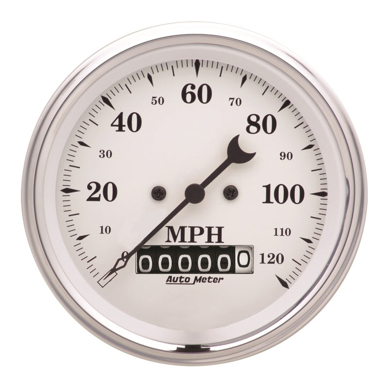 AutoMeter Gauge Speedo. 3-3/8in. 120MPH Elec. Prog. W/ Wheel Odo Old Tyme White 1679 1679 Photo - Primary