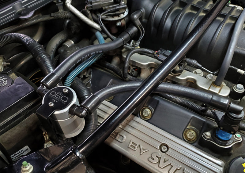 J&L 07-14 Ford Mustang GT500 Oil Separator 3.0 Passenger Side (Remote Mount) - Clear Anodized 3040P-C 3040P-C Photo - Mounted