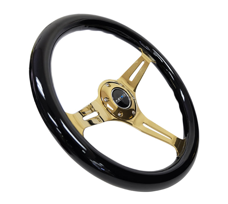 NRG Classic Wood Grain Wheel - 350mm 3 Chrome Gold Spokes - Black Grip ST-015CG-BK Photo - Primary