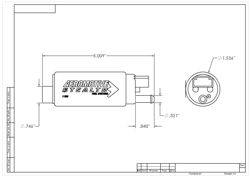 Aeromotive 340 Fuel Pump GM Center Inlet 11569 Technical Drawing