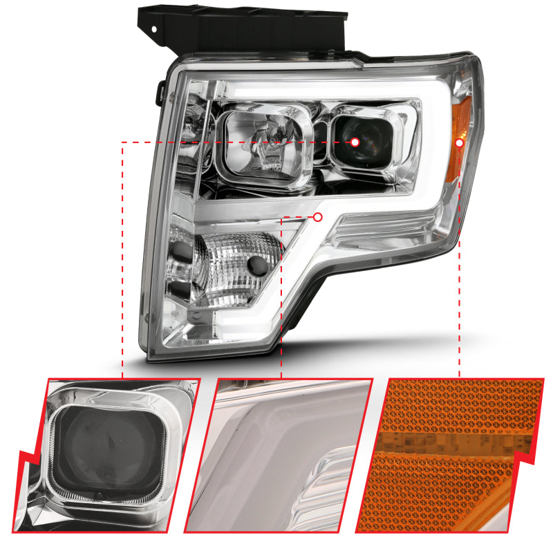 ANZO 2009-2014 Ford F-150 Projector Headlight Plank Style Chrome Amber 111444 111444 Photo - Unmounted