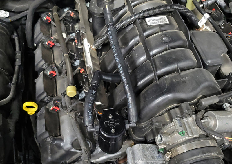 J&L 05-23 Dodge Charger 5.7L Hemi Passenger Side Oil Separator 3.0 - Black Anodized 3061P-B 3061P-B Photo - Mounted