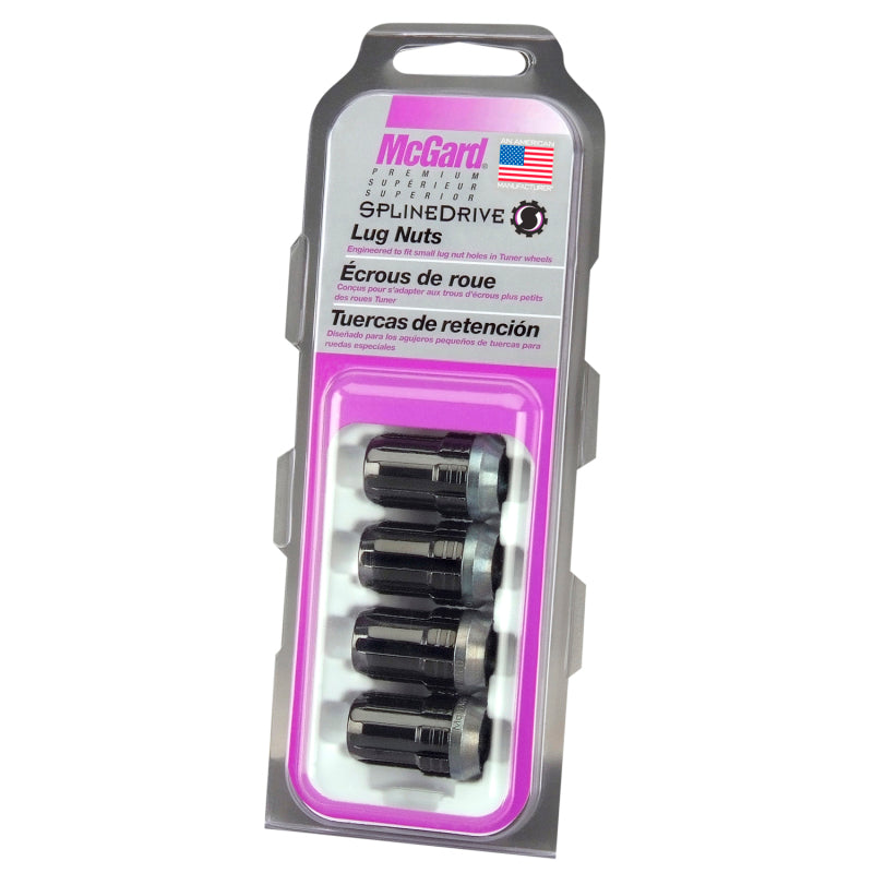 McGard SplineDrive Lug Nut (Cone Seat) M12X1.5 / 1.24in. Length (4-Pack) - Black (Req. Tool) 65357BK 65357BK Photo - in package
