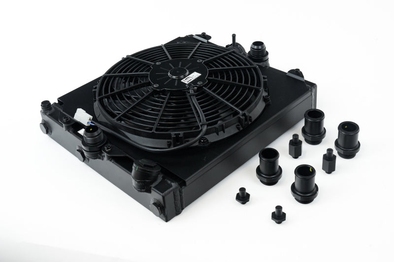 CSF Universal Half Radiator w/-16AN & Slip-On Fittings/12in SPAL Fan & Shroud - Black Finish 2858XB 2858XB Photo - out of package