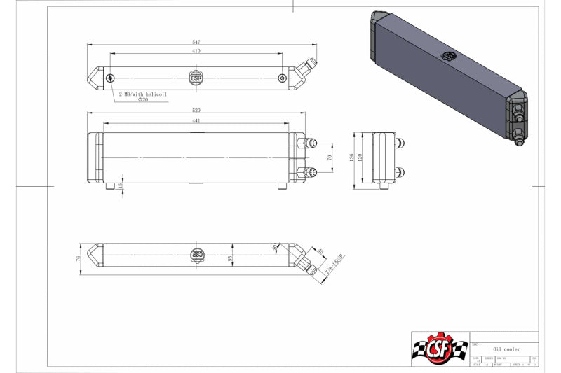 CSF Universal Dual-Pass Internal/External Oil Cooler - 22.0in L x 5.0in H x 2.25in W 8066 8066 Technical Drawing