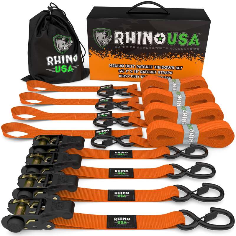 Rhino USA Medium Duty Ratchet Strap Tie-Down 4-Pack (Orange) RCHT-4PACK-ORG RCHT-4PACK-ORG Photo - Primary