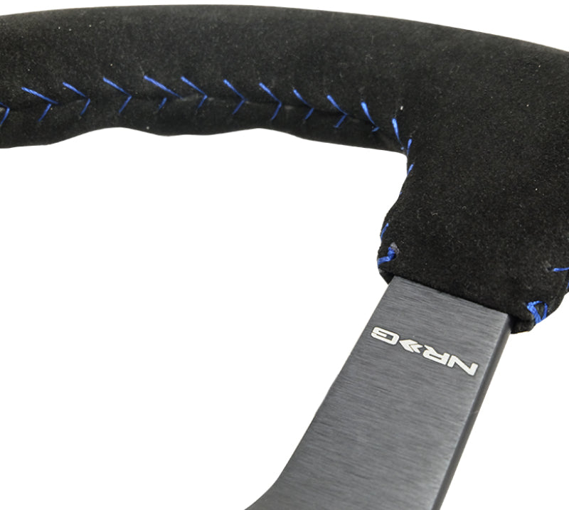 NRG Reinforced Steering Wheel (350mm / 3in. Deep) Blk Suede/Blue BBall Stitch w/5mm Matte Blk Spokes RST-036MB-S-BL RST-036MB-S-BL Photo - Primary