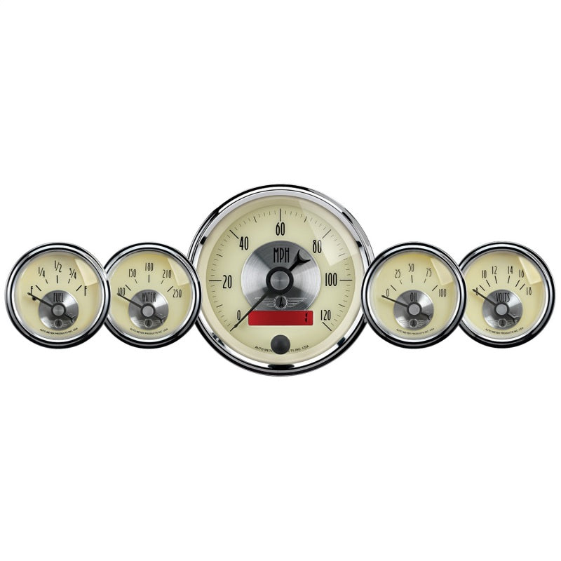 AutoMeter Gauge Kit 5 Pc. 3-3/8in. & 2-1/16in. Elec. Speedo W/Lcd Odo Prestige Antq. Ivory 2000 2000 Photo - Primary