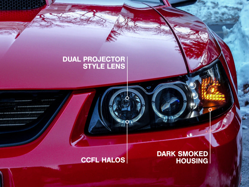 Raxiom 99-04 Ford Mustang Dual LED Halo Projector Headlights- Black Housing (Smoked Lens) 49113 49113 Photo - Close Up