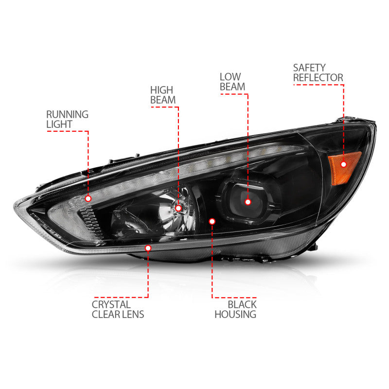 ANZO 15-18 Ford Focus Projector Headlights - w/ Light Bar Switchback Black Housing 121564 121564 Photo - Unmounted