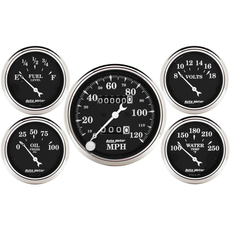 Autometer Gauge Kit, 5 PC., 3 1/8" & 2 1/16", Mech. Speedometer, Old Time Black 1708 Photo - Primary