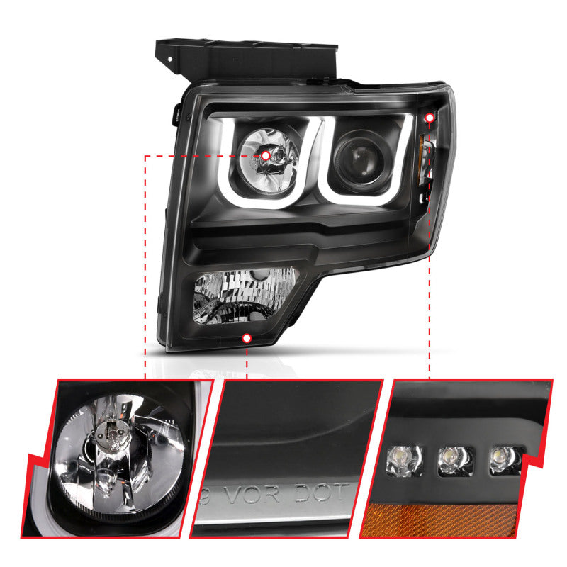 Anzo Ford F-150 09-14 Projector Switchback Headlights U-Bar Black W/ Amber 111383 Photo - Close Up