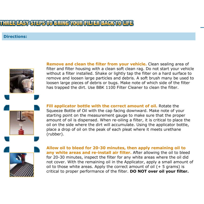 BBK Performance Cold Air Kit Air Filter Cleaner & Re-Oiling Kit 1100 User 2