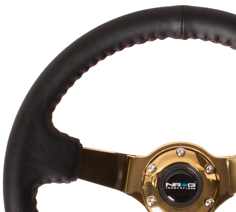 NRG Reinforced Steering Wheel (350mm / 3in. Deep) Blk Leather/Red BBall Stitch w/4mm Gold Spokes RST-036GD RST-036GD Photo - Primary