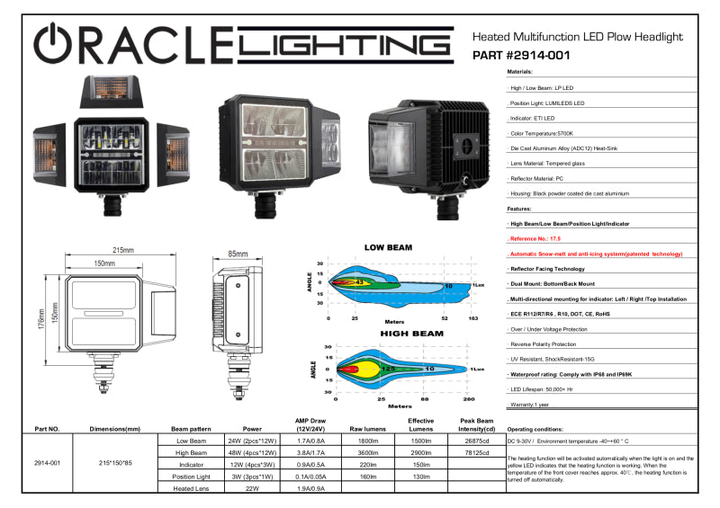 ORACLE Lighting Multifunction LED Plow Headlight with Heated Lens 5700K 2914-001 2914-001 Product Specifications Sheet