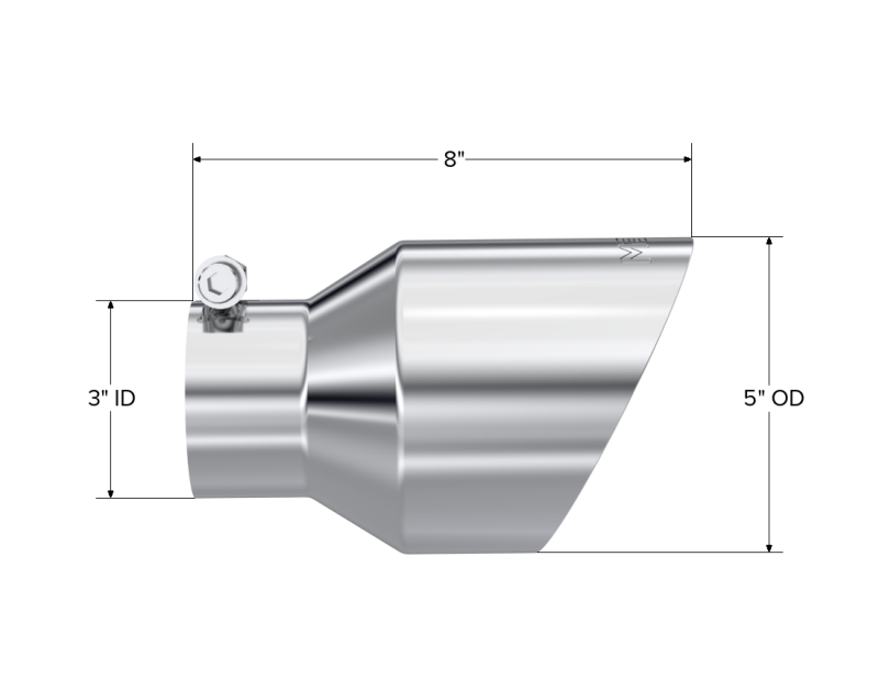MBRP Universal T304 Stainless Steel Tip 3on ID / 5in OD Out / 8in Length Angle Cut Dual Wall T5187 T5187 Photo - Close Up