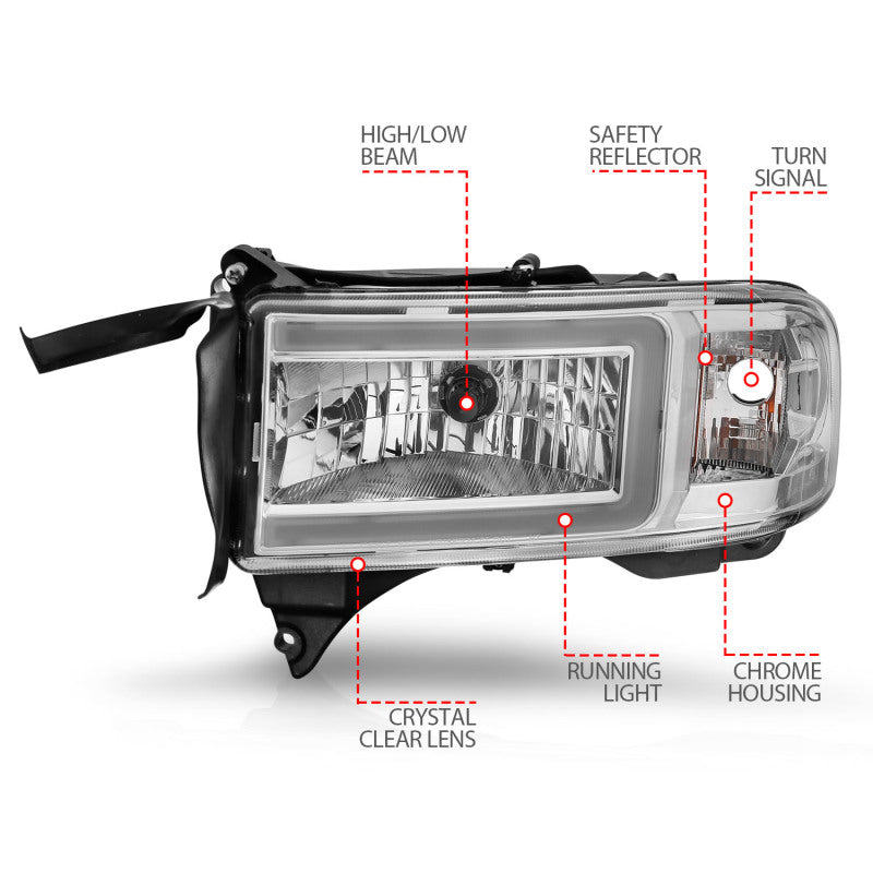 ANZO 94-02 Dodge RAM Crystal Headlight - w/ Light Bar Chrome Housing 111555 111555 Photo - Unmounted