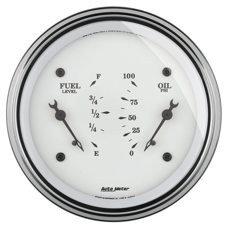AutoMeter Gauge Dual Fuel & Oilp 3-3/8in. 0 Ohm(e) to 90 Ohm(f)& 100PSI Elec Old Tyme White 1624 1624 Photo - Primary