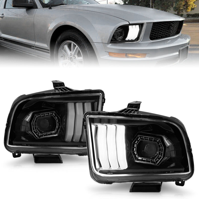 ANZO 05-09 Ford Mustang (w/Factory Halogen HL Only) Projector Headlights w/Light Bar Black Housing 121566 121566 Photo - Primary