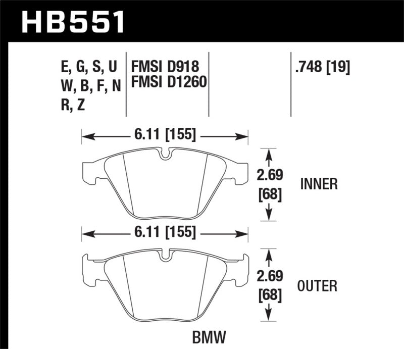 Hawk Blue 9012 Brake Pads Front BMW 328Xi Base 2008-2008 HB551E.748 Photo - Primary
