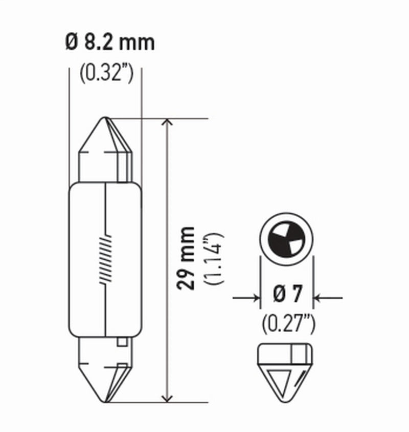 Hella Bulb 3021 12V 3W Sv78 T25 8X29Mm (2) DE3021TB DE3021TB Technical Drawing