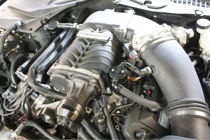 J&L 11-17 Ford Mustang GT (w/Roush/VMP Supercharger) Driver Side Oil Separator 3.0 - Black Anodized 3020D-B 3020D-B Photo - Mounted