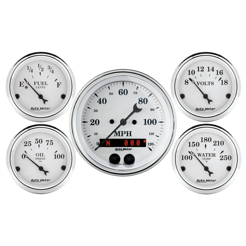 Auto Meter Speedometer 3-3/8in and 2-1/16in 5 Piece Old Tyme White Gauge Kit 1650 1650 Photo - Primary