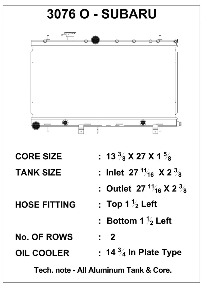 CSF 02-07 Subaru WRX/STI Radiator w/Built-In Oil Cooler/Filler Neck 3076O 3076O Technical Drawing