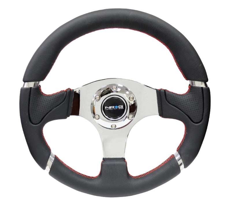NRG Reinforced Steering Wheel (320mm) Blk Leather/Red Stitching w/Chrome 3-Spoke Center RST-008R RST-008R Photo - Primary