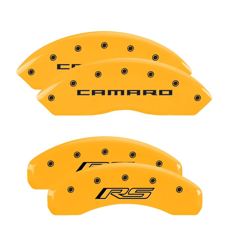 MGP 4 Caliper Covers Engraved Front Gen 5/Camaro Engraved Rear Gen 5/RS Yellow finish black ch 14240SCR5YL 14240SCR5YL Photo - Primary
