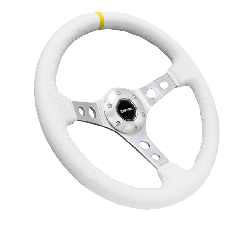 NRG Reinforced Steering Wheel (350mm / 3in. Deep) Wht Leather w/Silver Spoke & Single Yellow Mark RST-006WT-Y RST-006WT-Y Photo - Primary