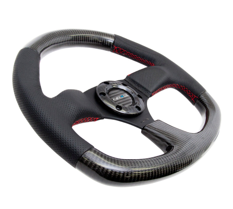 NRG Carbon Fiber Steering Wheel (320mm) Flat Bottom & Leather Trim w/Red Stitching ST-009CFRS ST-009CFRS Photo - Primary