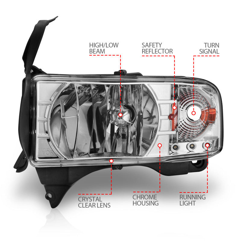 Anzo 1994-2001 Dodge Ram Crystal Headlights Chrome w/ LED 111206 Photo - Unmounted