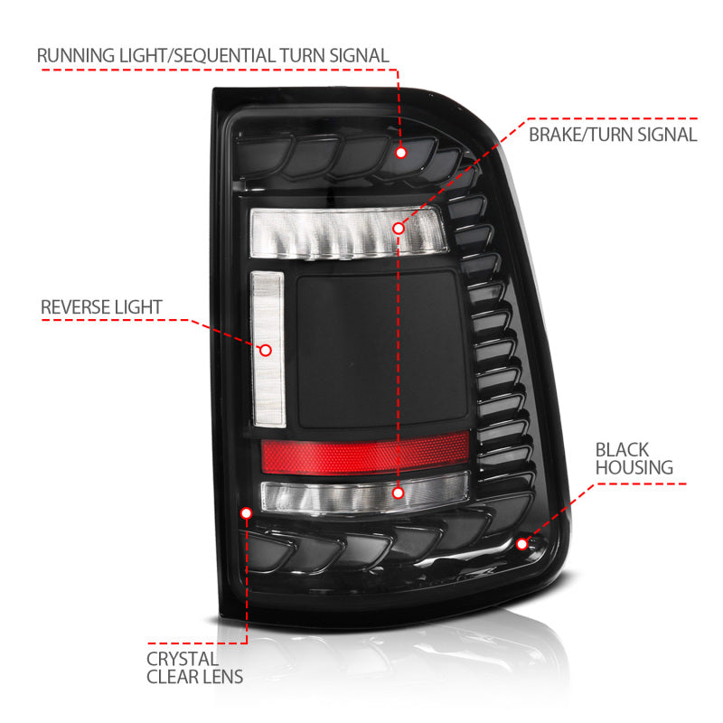 ANZO 19-24 RAM 1500 (Factory LED Models ONLY) Full LED Tail Lights SeqSig Black - Pair 311481A 311481A User 1