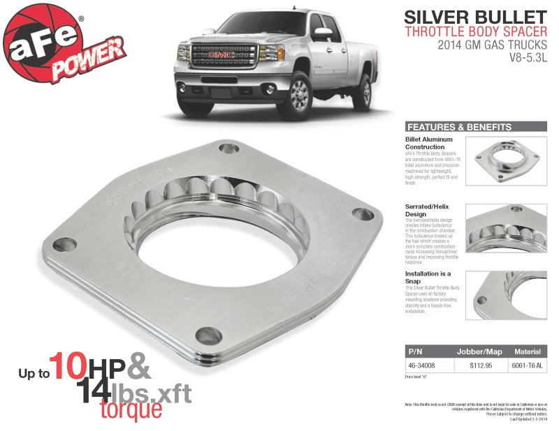 aFe Silver Bullet Throttle Body Spacer: GM Trucks 2014 V8-5.3L (Core PN: 3 46-34008 Photo - Mounted