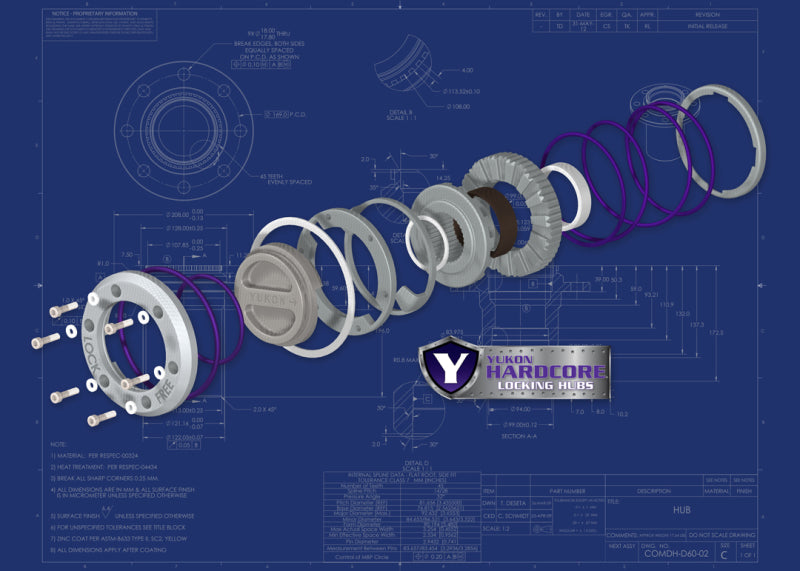 Yukon Gear Hardcore Locking Hub Set For Dana 60 / 35 Spline. 99-04 YHC70002 Technical Drawing