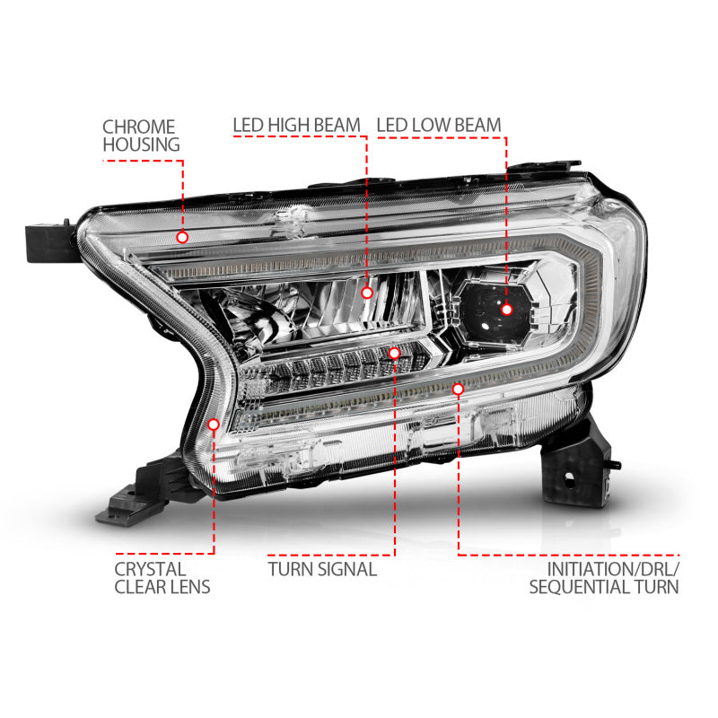 ANZO 19-23 Ford Ranger (Factory Halogen Models) Full LED Proj Headlights DRL/SeqSig Chrome - Pair 111633A 111633A User 1