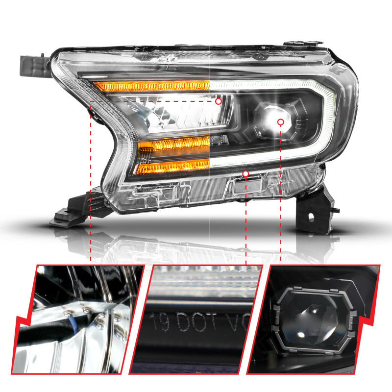 ANZO 19-23 Ford Ranger (Factory Halogen Model) Full LED Proj Headlights Init/DRL/SeqSig Black - Pair 111632A 111632A User 1