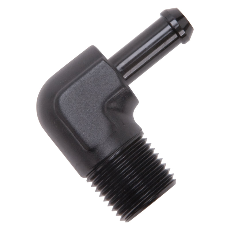 Edelbrock Hose End, 90-deg., 1/2" NPT to 3/8" Barb, Black Anodize 8169 Photo - out of package