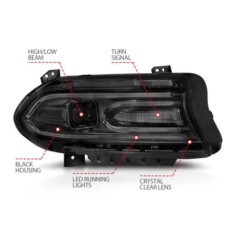 ANZO 2015-2018 Dodge Charger Projector Headlights Plank Style Black 121559 121559 Photo - Unmounted