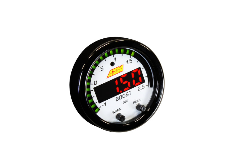 AEM Electronics X-Series Boost Pressure Gauge -30inHg-35psi / -1-2.5bar. Black Bezel & 30-0306 Photo - out of package
