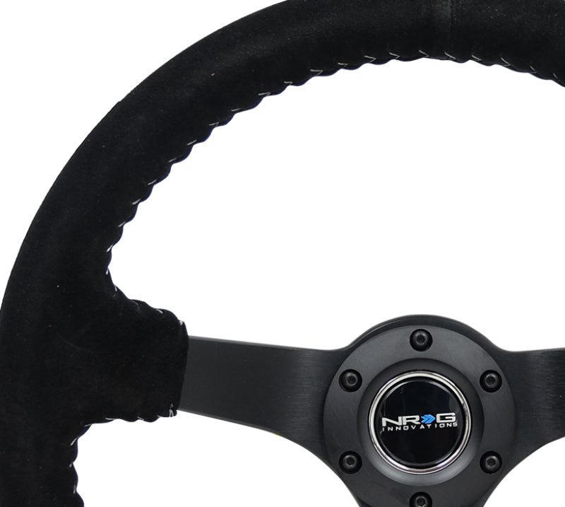 NRG Reinforced Steering Wheel (350mm / 3in. Deep) Blk Suede/Silver BBall Stitch w/5mm Mt. Blk Spokes RST-036MB-S-SL RST-036MB-S-SL Photo - Primary