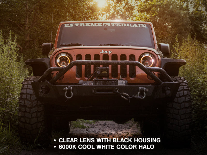 Raxiom 97-18 Jeep Wrangler TJ/JK Axial Halo Headlights w/ DRL Amber Signals- Blk Hsng (Clear Lens) J108037 J108037 Photo - Close Up
