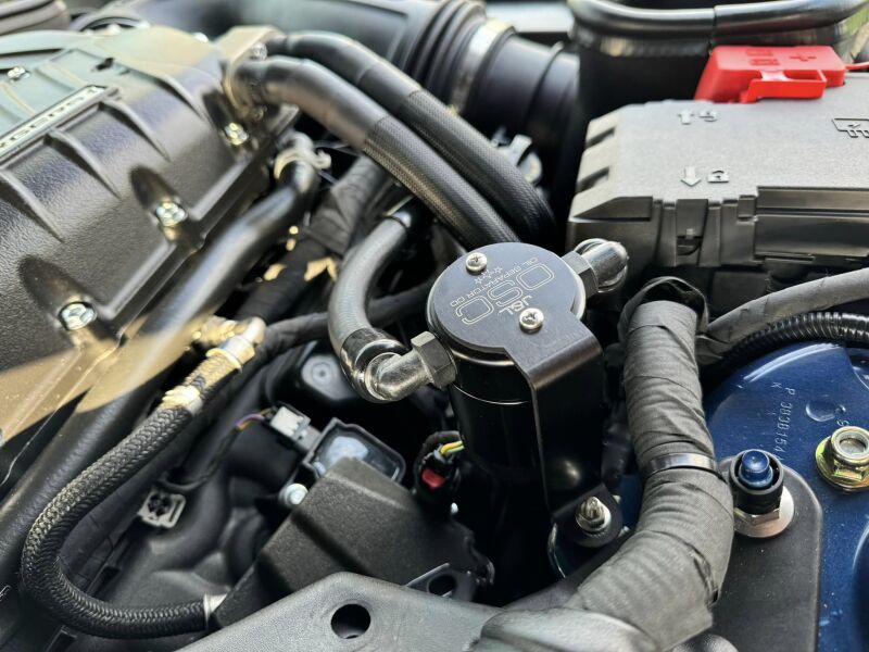 J&L 2024 Ford Mustang GT w/ Whipple Supercharger Oil Separator 3.0 PCV Side - Black Anodized 3092P-B 3092P-B Photo - Mounted