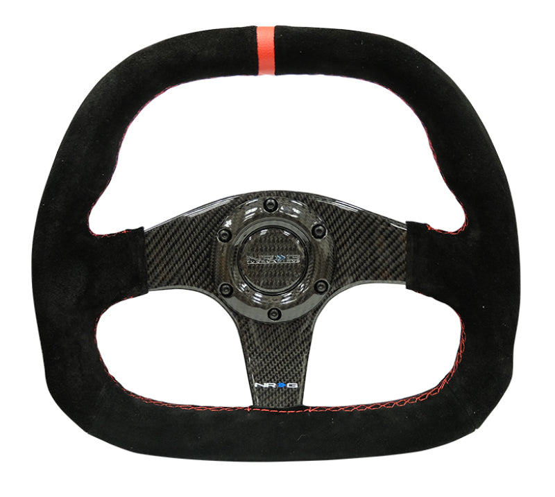 NRG Carbon Fiber Steering Wheel (320mm) Flat Btm. Blk Suede/Red Stitch w/CF Spokes & Red Center Mark ST-019CF ST-019CF Photo - Primary
